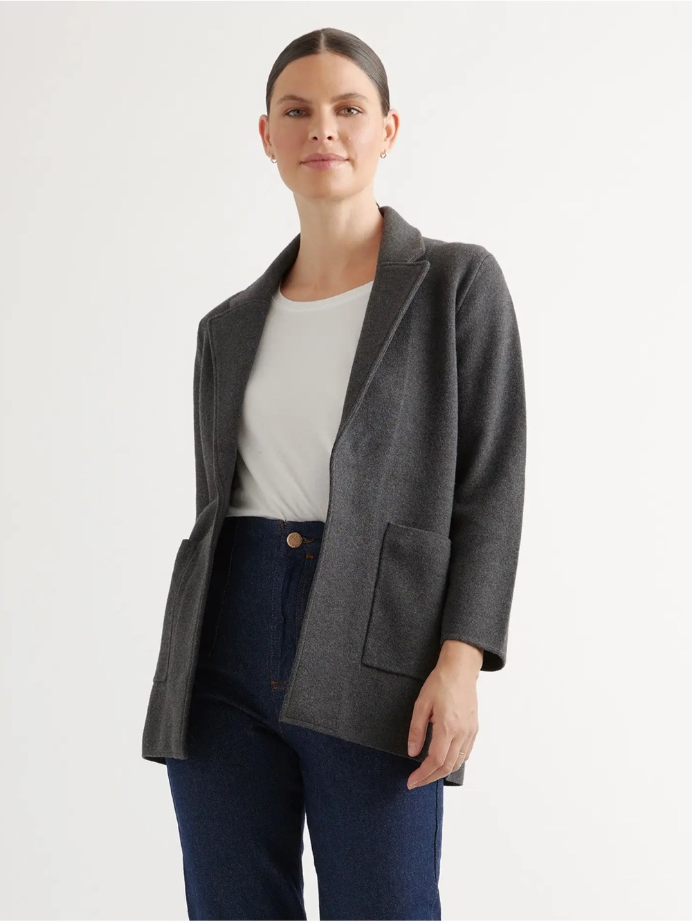 Quince Charcoal Open Front Knit Cardigan with Pockets